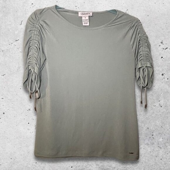 Carmen Marc Valvo Blouse Ruched Sleeves Adjustable Ties Round Neckline Green W S - Picture 1 of 8